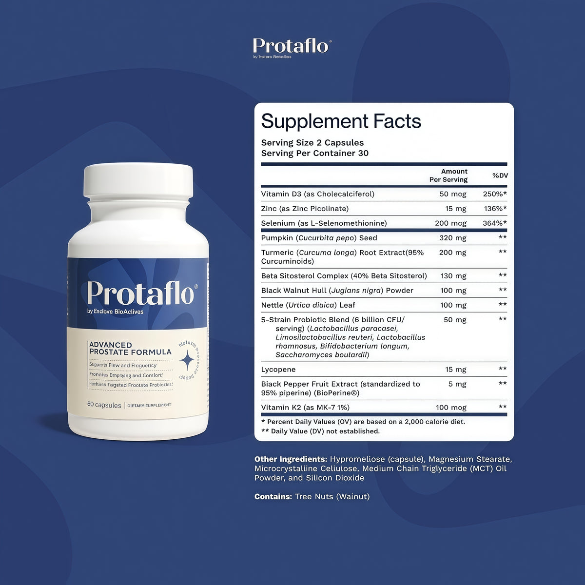 Prostate Support for Men, Urinary Flow & Bladder Care, 60 Capsules With probiotics, black walnut, nettle, turmeric, lycopene, pumpkin seed, vitamin D3 & K2, zinc & selenium.